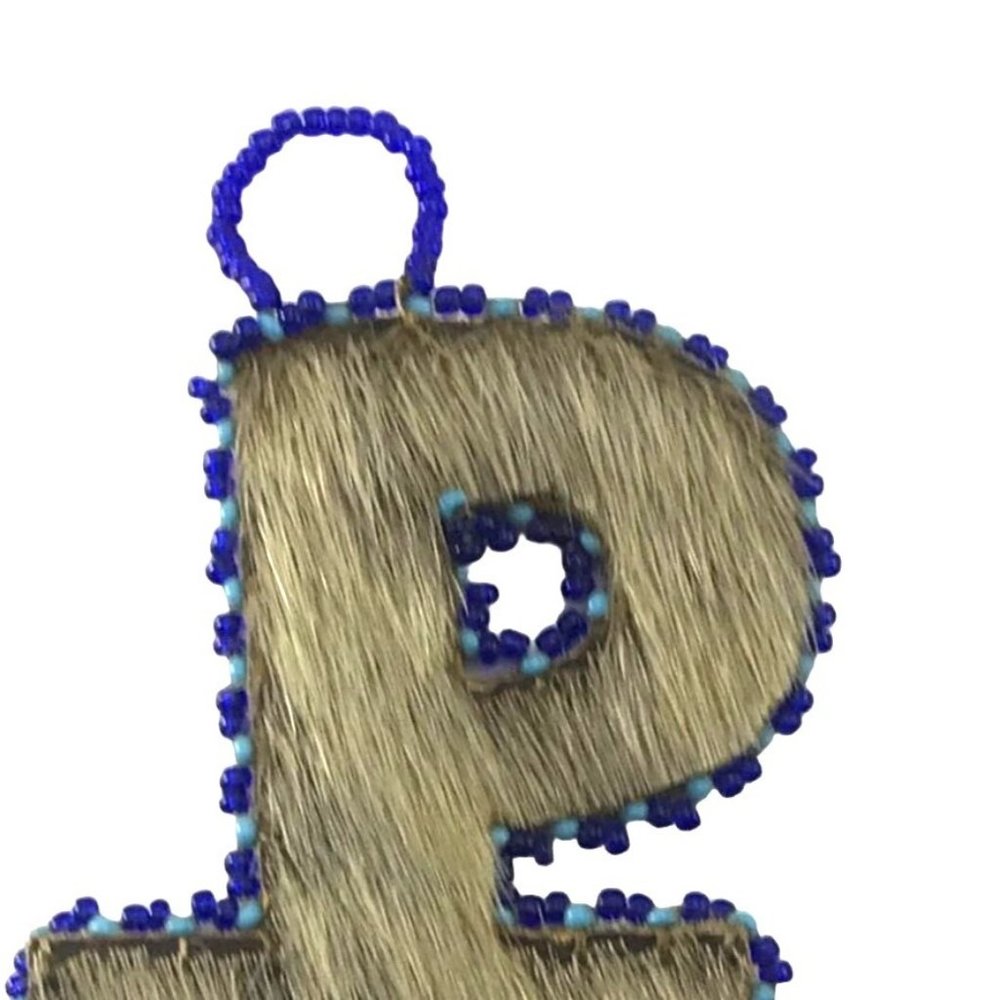 Unique Handmade Animal Hide Chi Rho Cross Ornament with Blue Seed Bead Trim - Picture 2 of 4